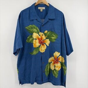 Tommy Bahama Mens XL Silk Cotton Blue Hibiscus Floral Kapalua Camp Shirt